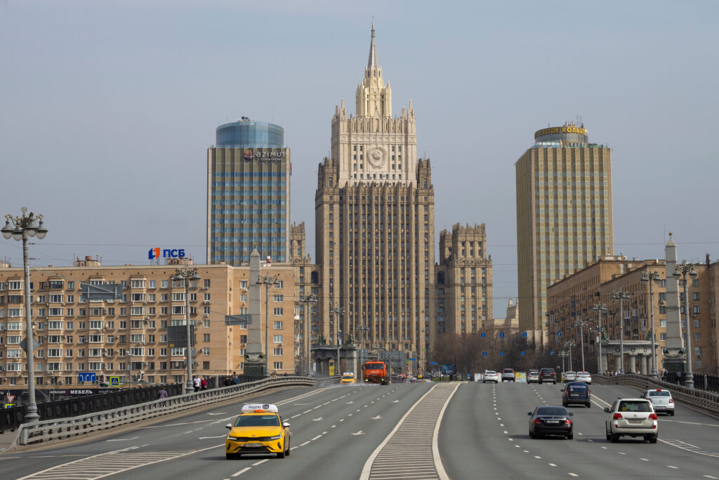 MOSCOW, RUSSIA - APRIL 14, 2021: The building of the Ministry of Foreign Affairs in the cityscape on April afternoon